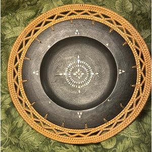 5310-OTT Tribal Hand Woven Rattan Bowl Dark Wooden Base Mother of Pearl Design